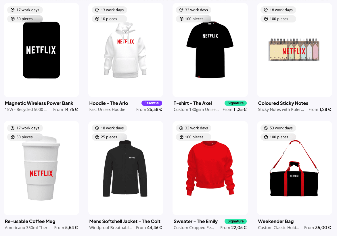 Sunday platform product catalog showing branded items