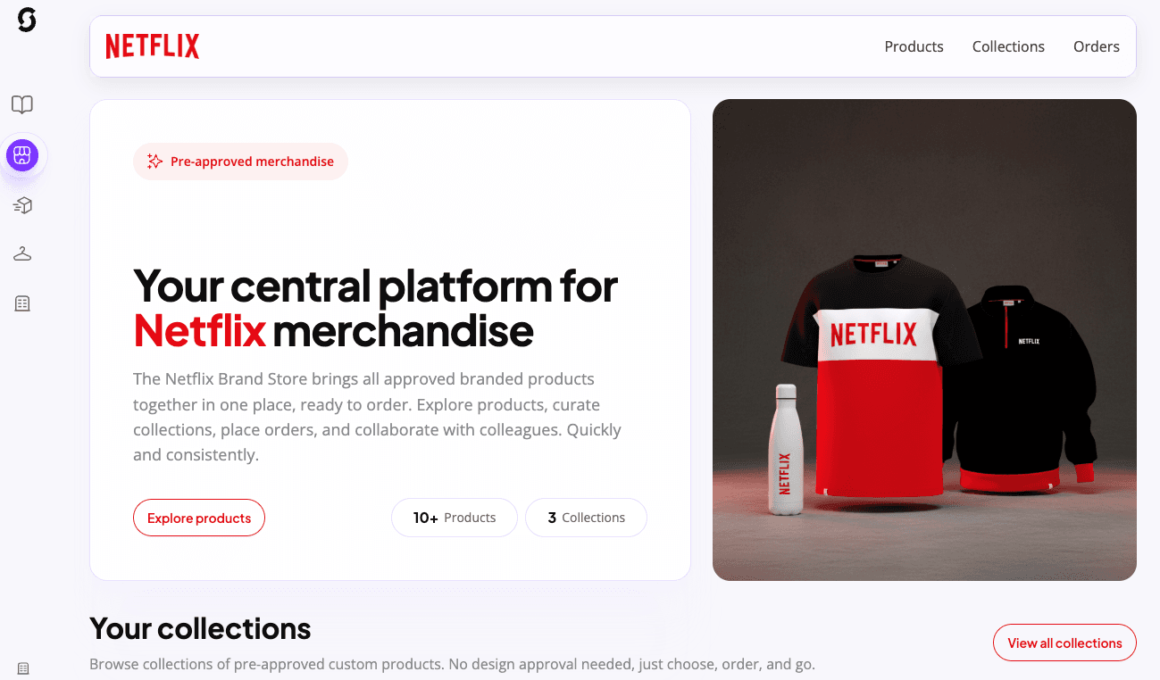 Sunday brand store landing page with pre-approved branded products