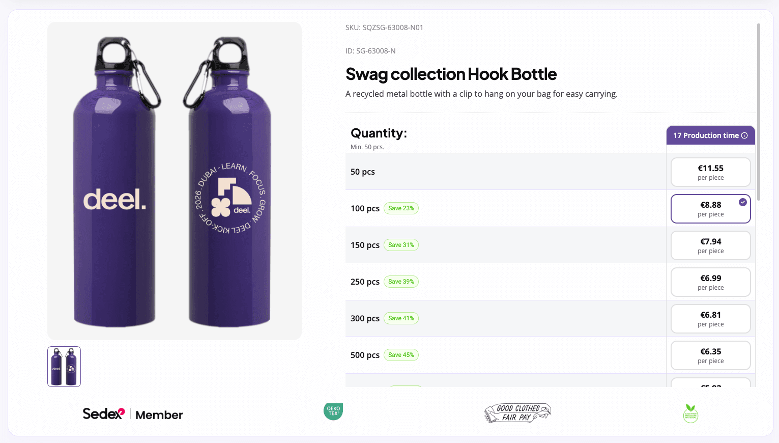 Sunday product configurator showing Deel-branded bottle with quantity tiers and price per piece