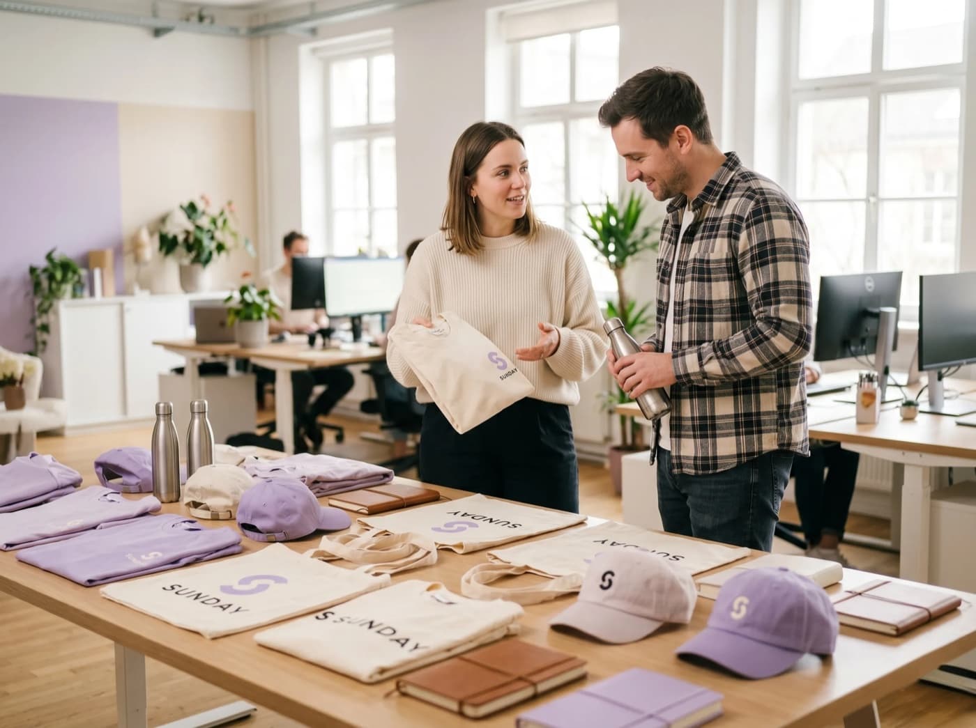 Marketing team choosing branded event merchandise spread across a table