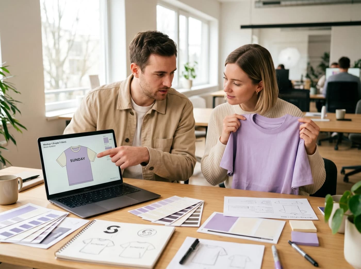 Colleagues reviewing branded apparel mockups and approving the final design