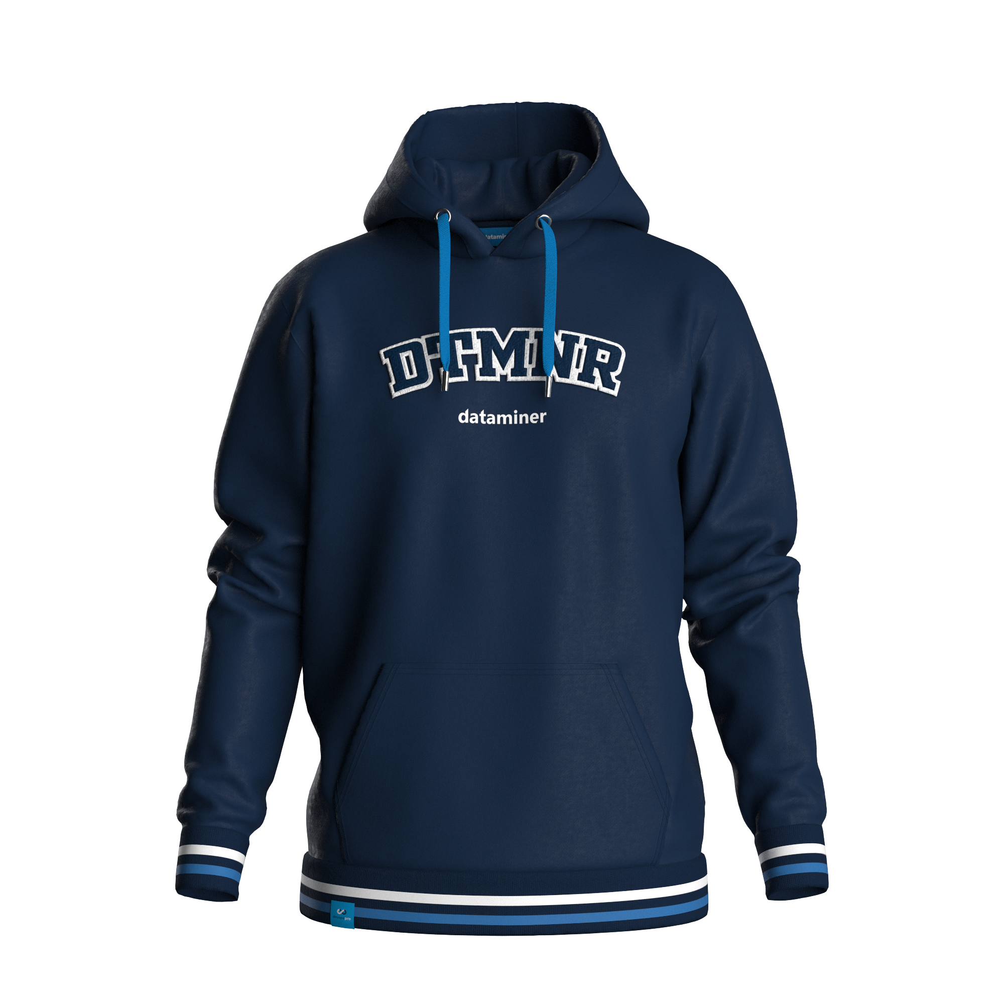 Full view of navy Dataminer hoodie with varsity-style lettering and striped cuffs