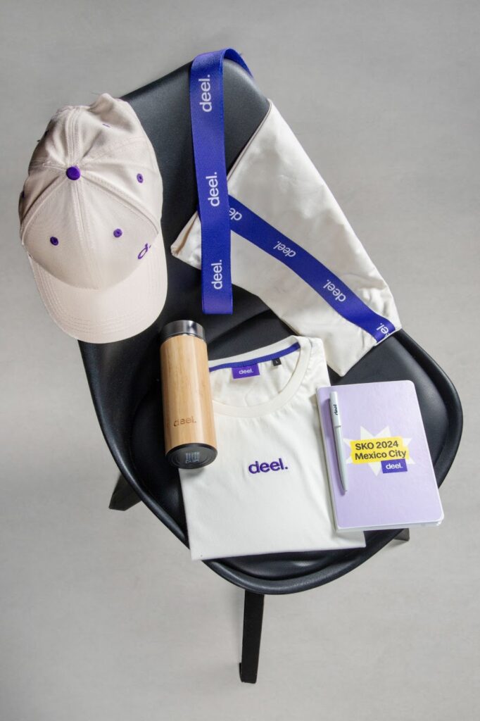 Deel branded merchandise flatlay collection