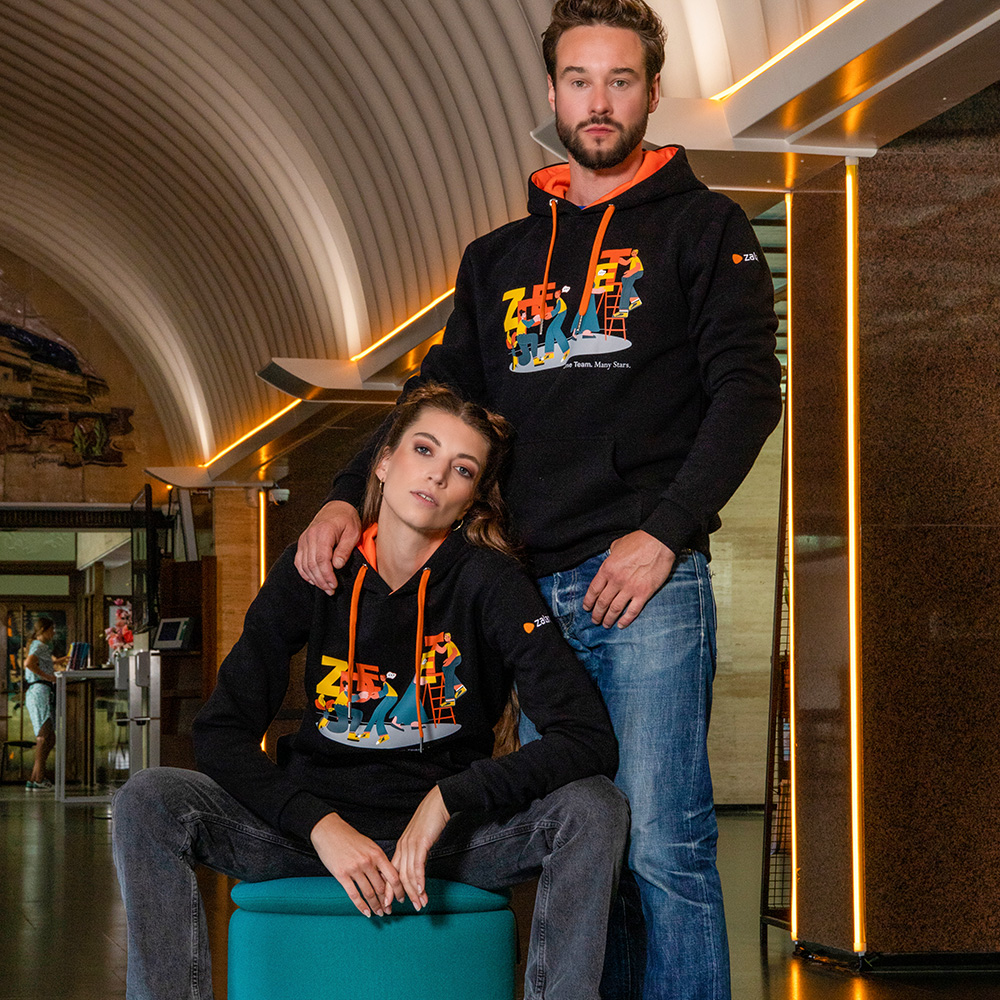 Zalando employees wearing branded merchandise
